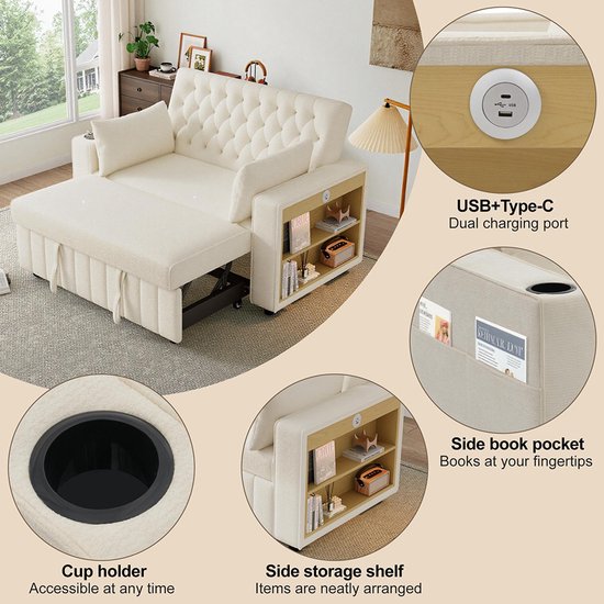 Beige Pugsdrly Slaapbank met slaapfunctie, L-vormige bank, modern Beige Pugsdrly Slaapbank met slaapfunctie, L-vormige bank, modern