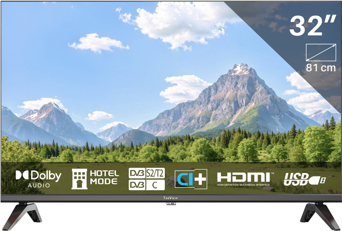 TeeView 32 inch HD LED TV | 3x HDMI | 2x USB | Ingebouwde USB Mediaspeler | Frameless Design | In Eindhoven geassembleerd | TV32QHA-EU - TeeView - €109,00