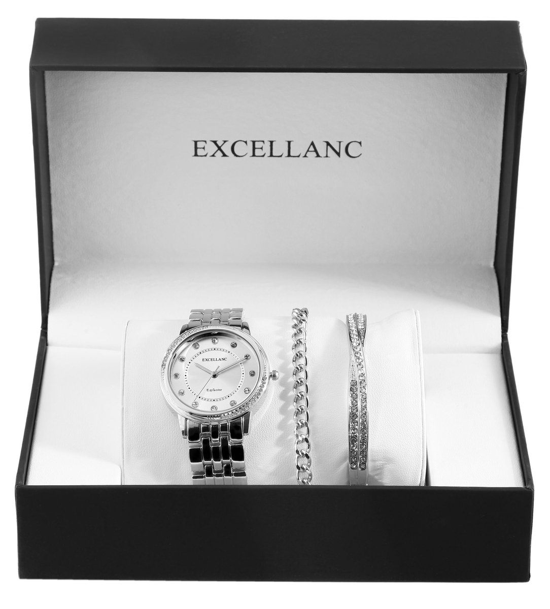Excellanc dameshorloge geschenkset zilverkleurig cadeauset horloge en twee armbanden