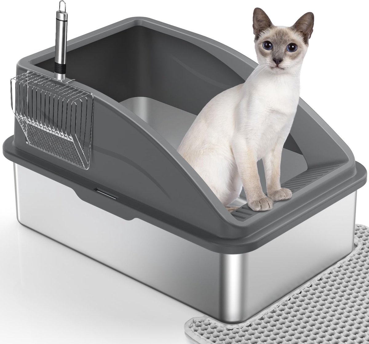 Kattenbak - RVS - Lekvrij - Met kattenschepje en dubbellaagse mat - XXL - 43L - 60x40x36 cm