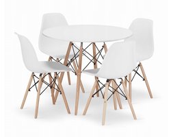 Set Ronde Eettafel TODI Ø90 cm Wit + 4 Eetkamerstoelen OSAKA Wit – Eetkamerset – Eethoek – Scandinavisch Design - Compact en Modern – Geschikt voor Keuken, Eetkamer en Woonkamer - Ideaal voor Kleine Ruimtes