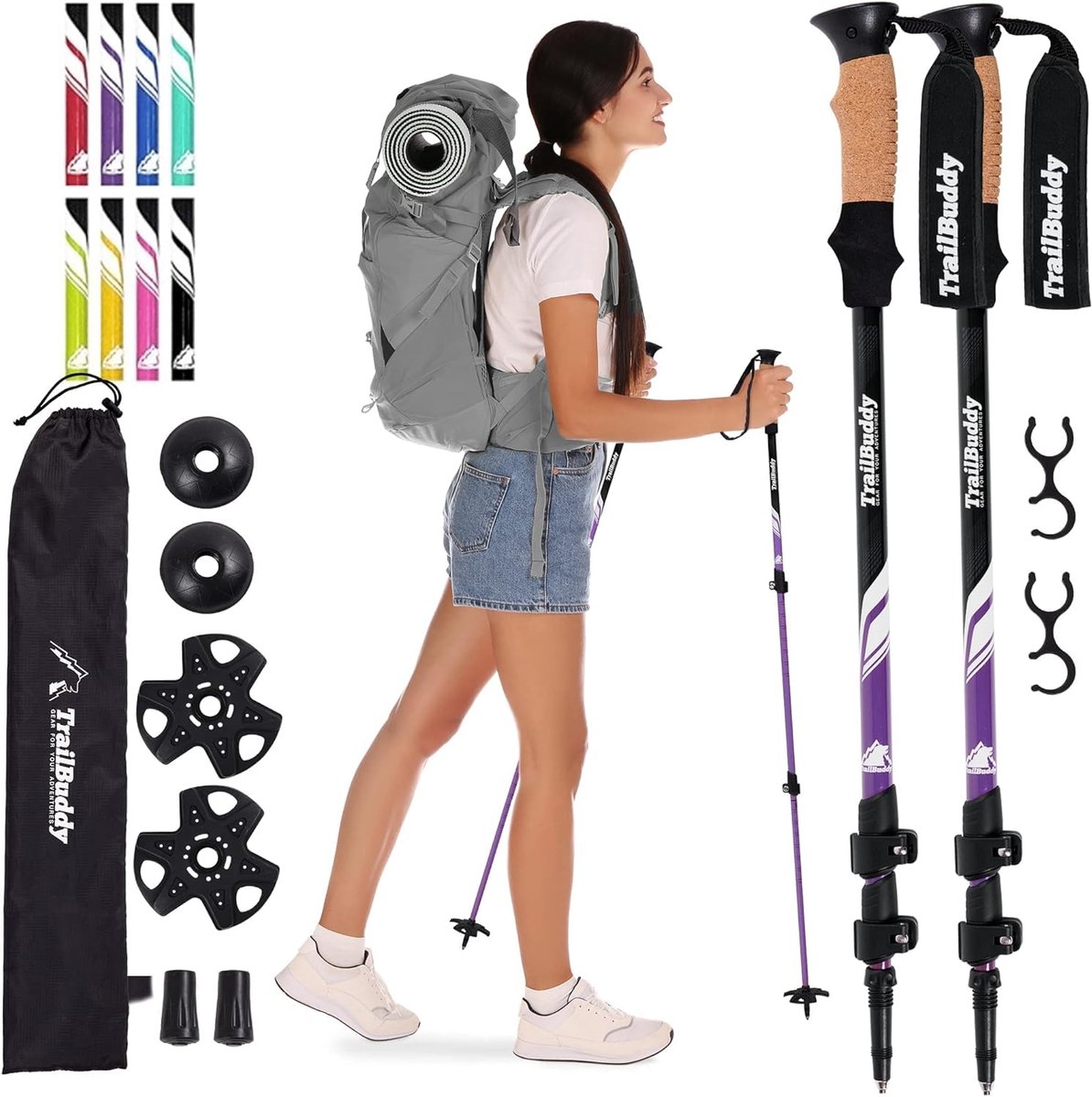 Ceciliec Trekking Poles - Lichtgewicht opvouwbare wandelstokken voor backpacken - 2 wandelstokken voor wandelen, 7075 aluminium met kurken handvat - Paars