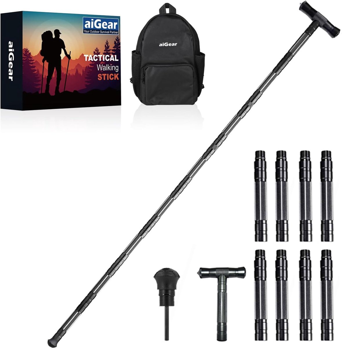 aiGear Tactische stokken/Wandelstokken | CNC-gefreesde aluminium tactische stok | met 3 gereedschappen | voor wandelen, kamperen en bergbeklimmen | (G2647-8)