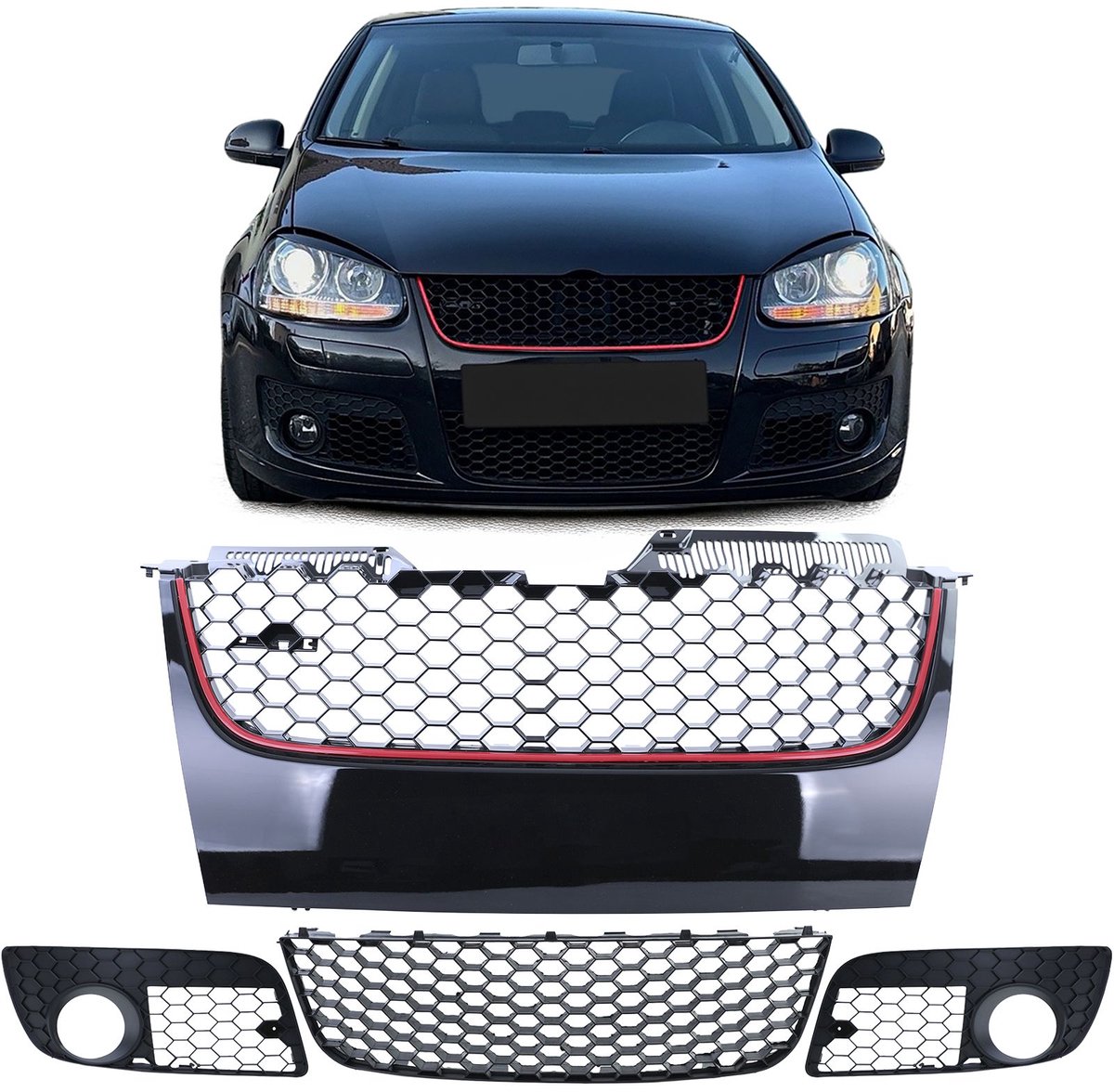 Honingraat Grille + Bumper Grille set 3 delig Geschikt Voor VW Golf 5 GTI Bumper (2003-2009) Zwart Glanzend met Rode Strip | Perfecte Pasvorm