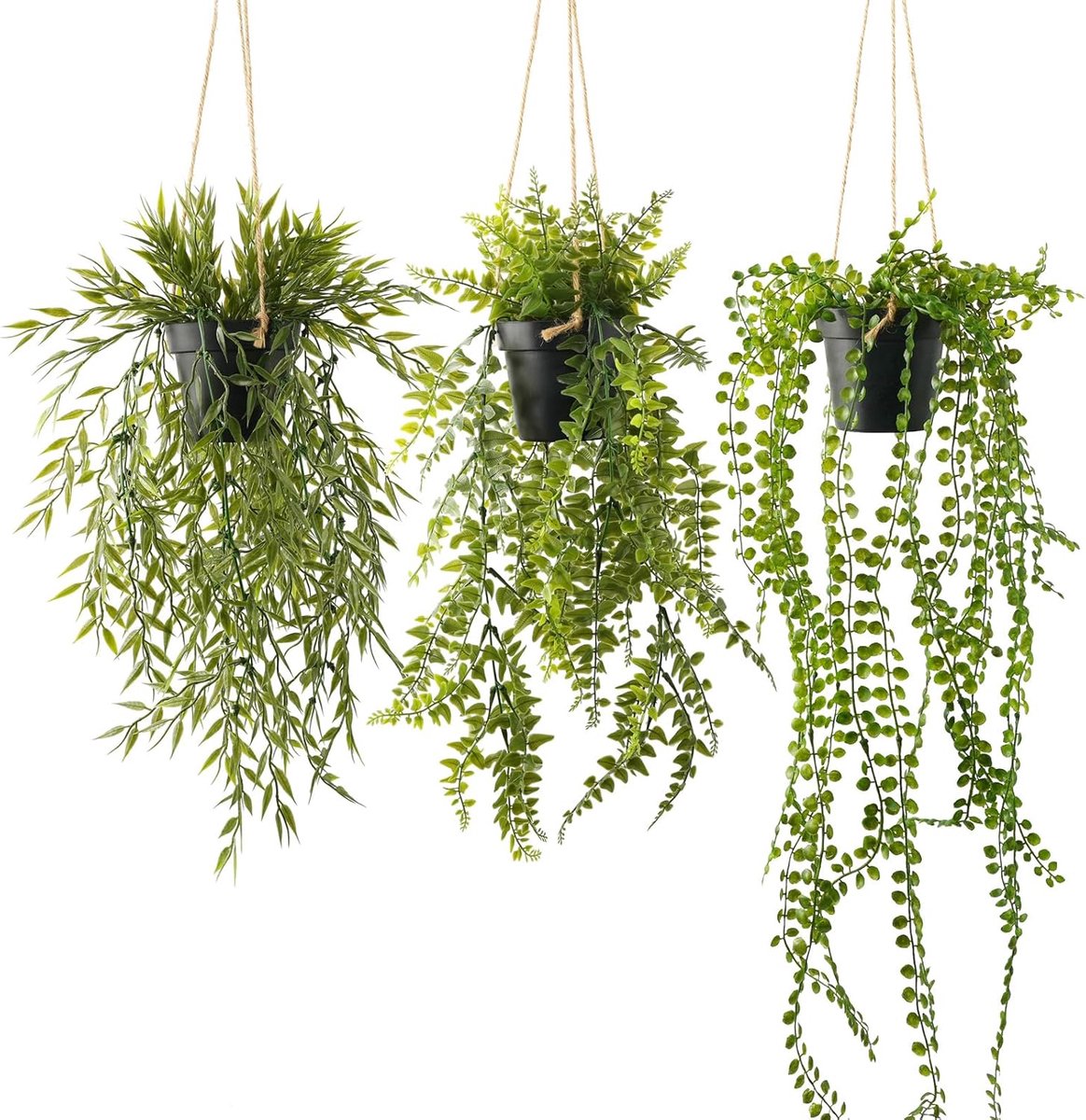 3 stukskunstplant in zwarte pot, kunsthangplanten voor decoratie woonkamer, hangplant kunstmatige voor muur, kantoor, kamer, rek, indoor outdoor decoratie