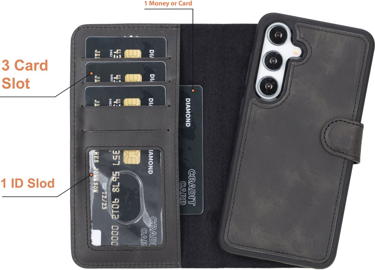 Lykke Samsung Galaxy S25 Plus Hoesje- Echt Leren Wallet Case met MagSafe -Pasjeshouder- Uitneembare Backcover –Zwart