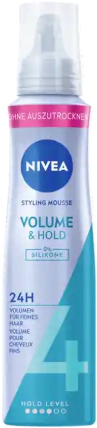 Mousse coiffante NIVEA Volume & Hold, 24H, 0% silicone, bleu clair avec bande bleue.