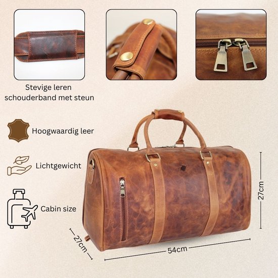 Cognac leren weekendtas, 54x27x27 cm, met stevige schouderband en handvatten. Hoogwaardig, lichtgewicht leer.