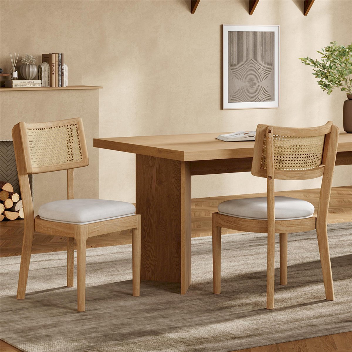 YEHTOKHOME Set van 2 Eetkamerstoelen - Gestoffeerde Keukenstoelen met massief hout poten - Rotan rugleuningen - Fluweel zitting - Ergonomische eettafelstoelen - Moderne stijl - Houtkleur