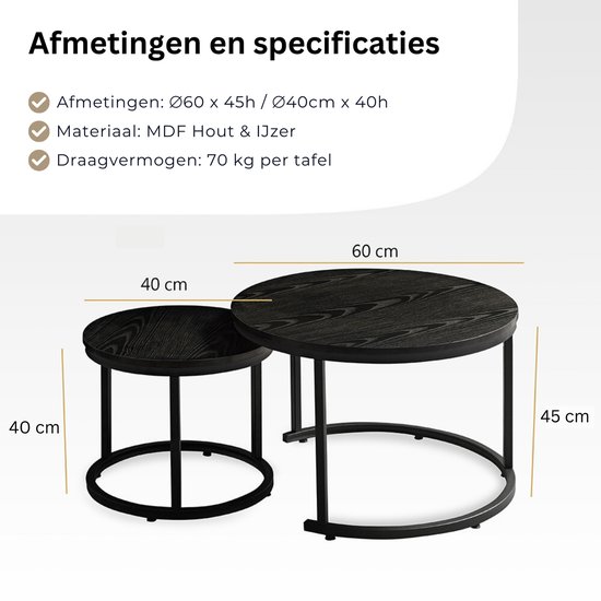 Home-Heaven® Salontafels Rond Zwart Hout – Bijzettafel Set Van 2 – Salon tafel Ø60cm & 40cm