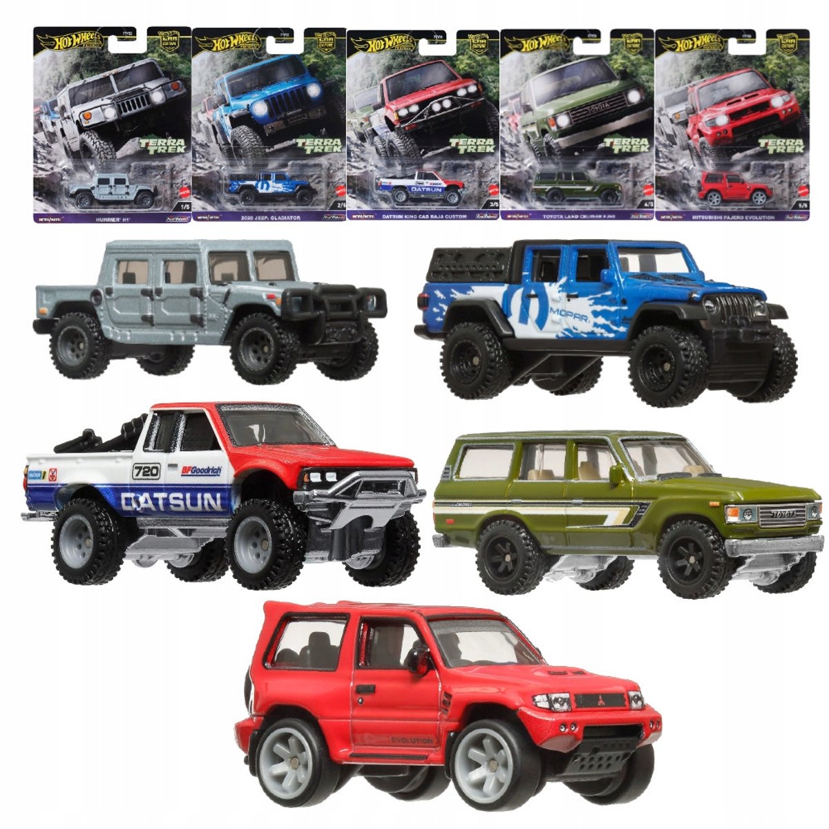 Hot Wheels TerraTrek Autokit voor 5 auto's: Hummer, Mitsubishi, Toyota, Datsun, Jeep
