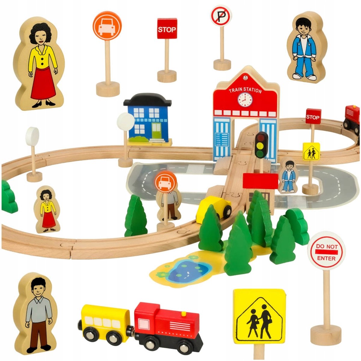 Houten Treinbaan met 50 Delen: Station, Pociąg & Auto