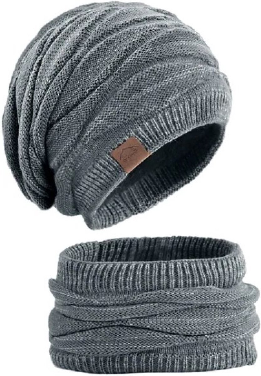 Gevoerde Beanie met Col Sjaal / Warme Winter Muts / Set / Sjaal / Outdoor / Ski Muts / grijs