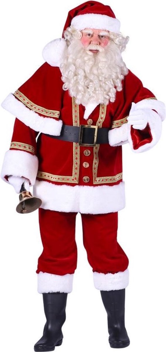 Kerstman fluweel deluxe compleet met met cape, Rood, Jas-Broek-Muts-Riem, baardstel, laarzen (maat 45), bel en handschoenen Maat XL
