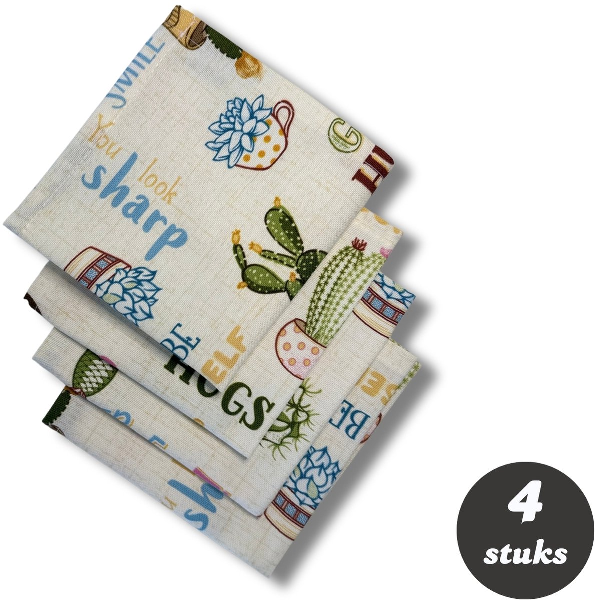 Tavas Servetten - 30 x 30 cm - Set van 4 stuks - Cactus en Tekstmotief - Katoen - Tafeldecoratie
