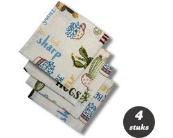 Tavas Servetten - 45 x 45 cm - Set van 4 stuks - Cactus en Tekstmotief - Katoen - Tafeldecoratie