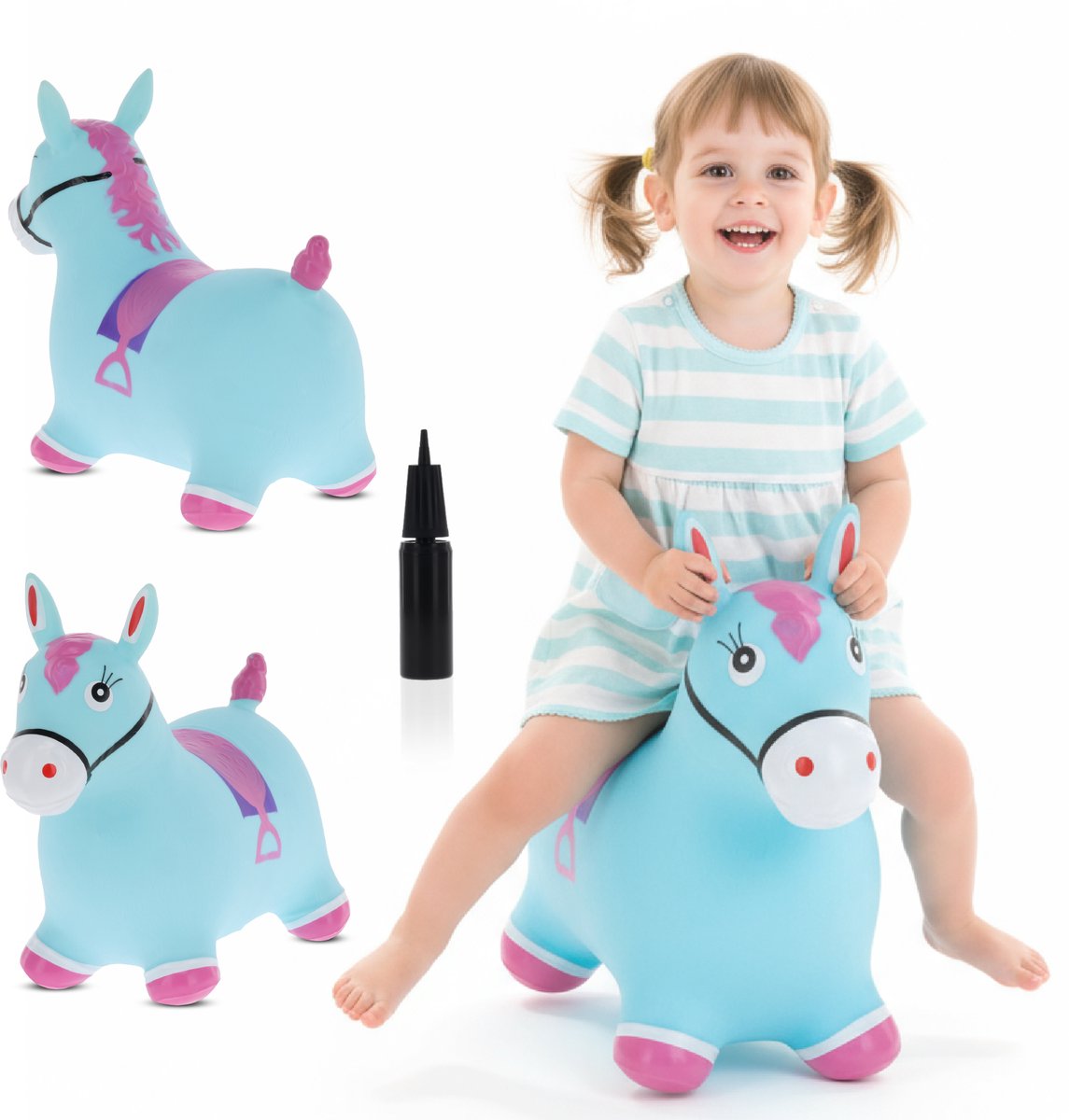 sun baby - Springdier met pomp vanaaf 1 jaar - Paard - blauw en roze - max 50kg, duurzaam rubber, gecertificeerd, bpa-vrij, springpaard, springhond