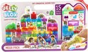 Jelly Blox Mega Pack verpakking met speelgoed en afbeelding van spelende kinderen. Zachte, transparante bouwblokken gevuld met gekleurde bolletjes. Verkrijgbaar in diverse kleuren.