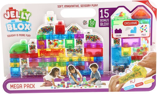 Jelly Blox Mega Pack verpakking met speelgoed en afbeelding van spelende kinderen. Zachte, transparante bouwblokken gevuld met gekleurde bolletjes. Verkrijgbaar in diverse kleuren.