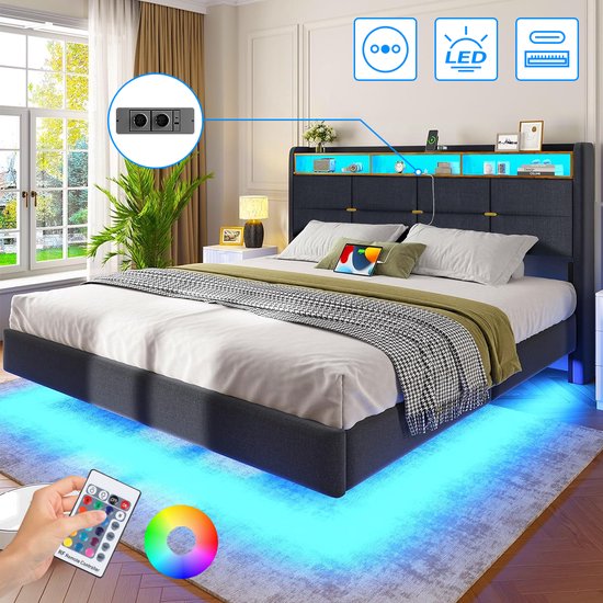 Lit double gris foncé rembourré avec design flottant, tête de lit avec rangement et éclairage LED bleu. Télécommande incluse.