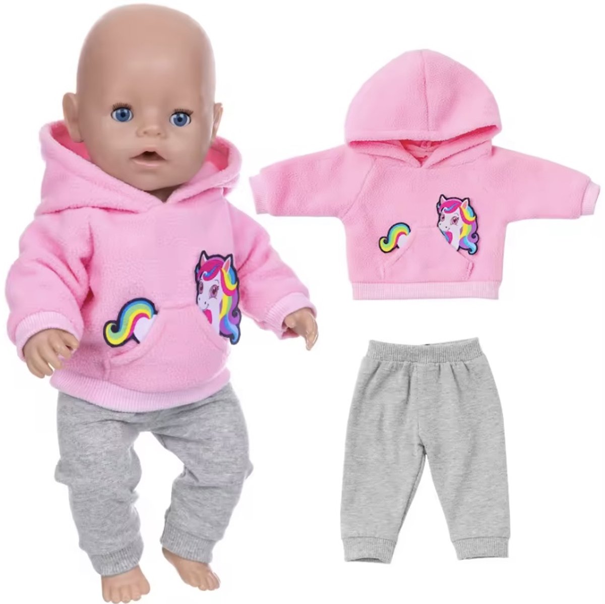 Roze-grijze Unicorn Joggingspak “Geschikt voor Baby Born” - Accessoire en Kleertjes voor je 36 + 43 cm BabyBorn Pop