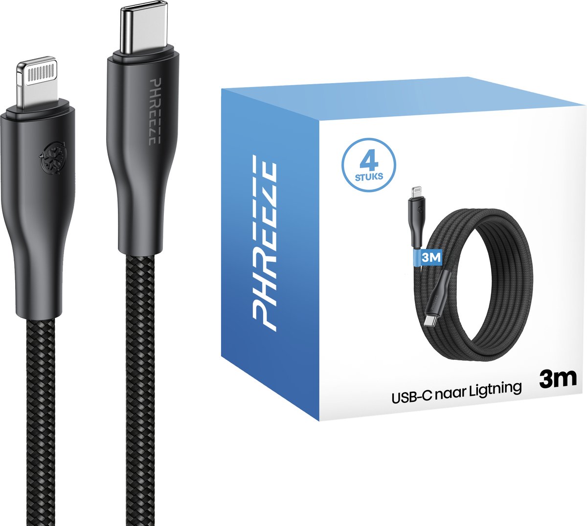 Kabel geschikt voor iPhone met Lightning naar usb C - 4 pack - 20w - 3 meter - Zwart - Phreeze