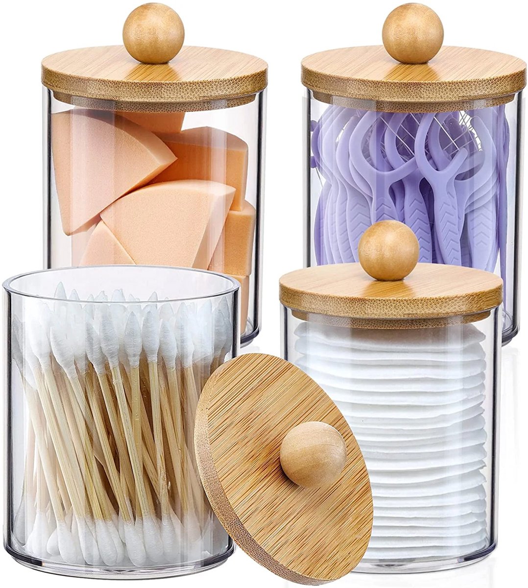 longziming -4-delige Wattenschijfjes en Wattenstaafjes Houder Set – Transparante Acryl Opbergdoos met Deksel – Stofvrije Wattenschijfjes Dispenser voor Badkamer, Make-up en Cosmetica Organisatie