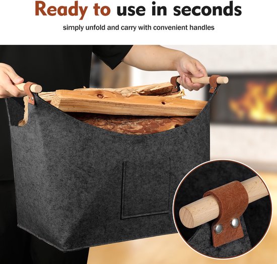 Persoon draagt donkergrijze vilten mand met hout, klaar voor gebruik met handige handvatten.