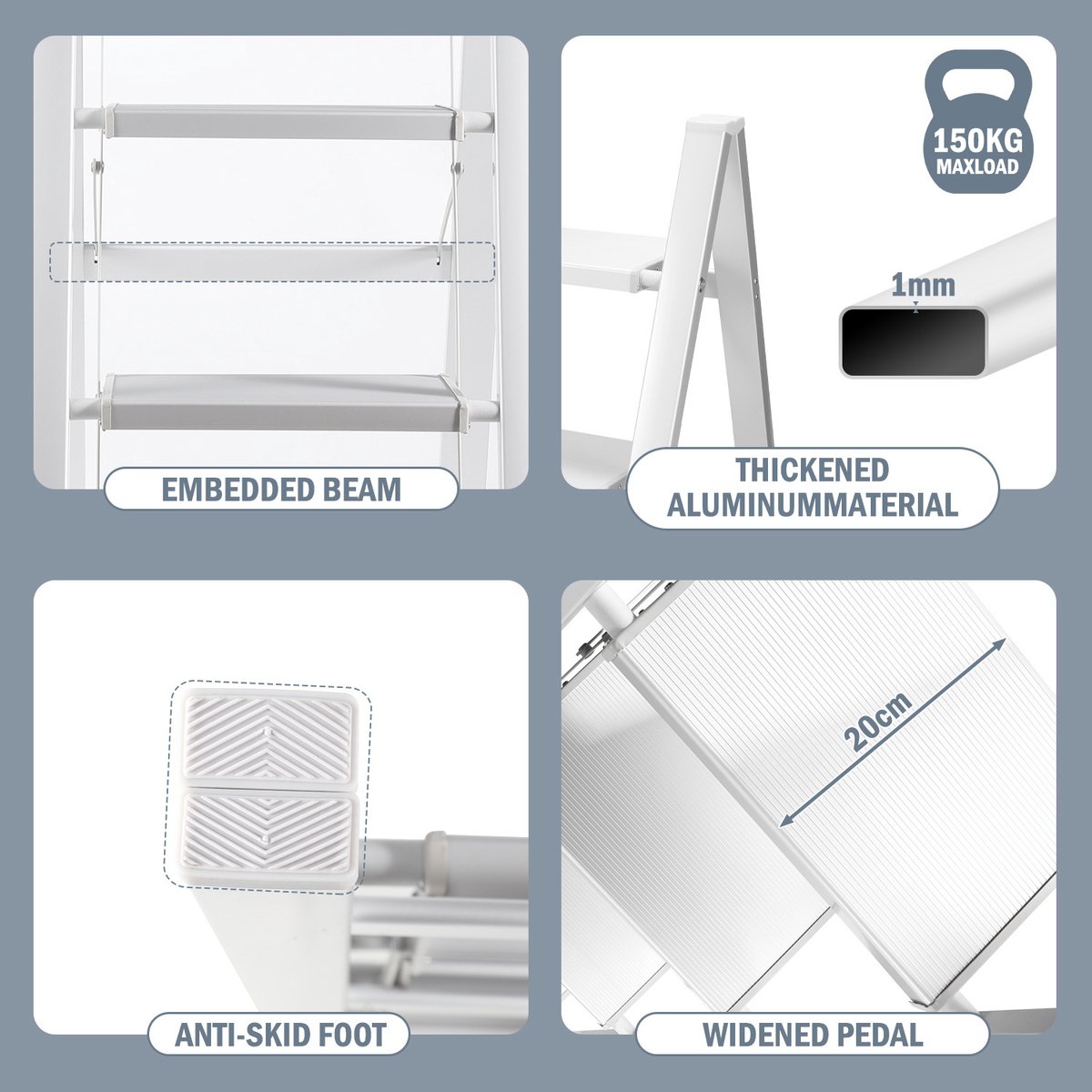 Opvouwbare ladder 4 Treden Keukentrap Inklapbaar - Anti-Slip - Trap Ladder Alu Wit – foto 7