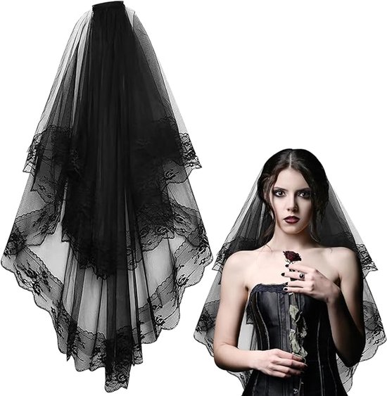 Sluier - Sluier Bruid - Bruidssluier - Zwarte kanten sluier - Halloween sluier - Cosplay Bruiloft Accessoires - Geschikt voor Halloween - Feest decoratie