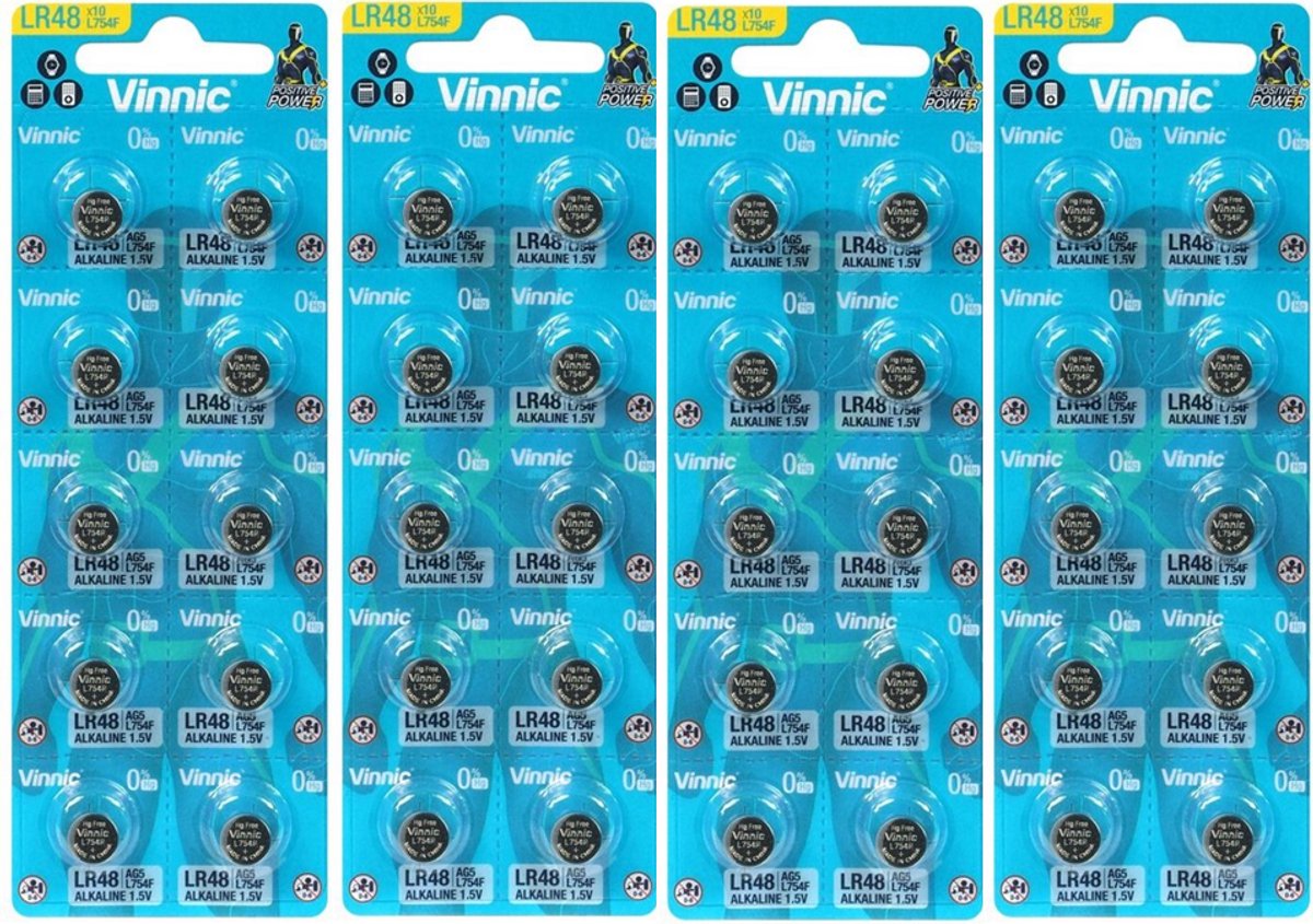 Alkaline mini knoopbatterij Vinnic G5 / LR48 / AG5 Alkaline Knoopcel Batterij 40 Stuks