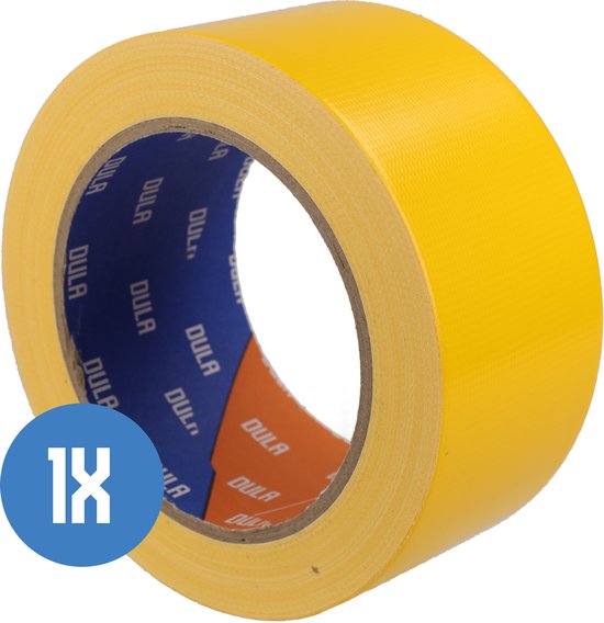 Gele DULA duct tape rol met blauwe binnenkant met DULA-logo's. Blauwe cirkel met '1X' linksboven.