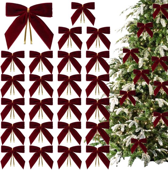 Lot de 24 nœuds de Noël en velours à paillettes Noeuds Décoration de Noël , 8,9 x 8,9 cm, pour fête, sapin, intérieur, loisirs créatifs , bordeaux