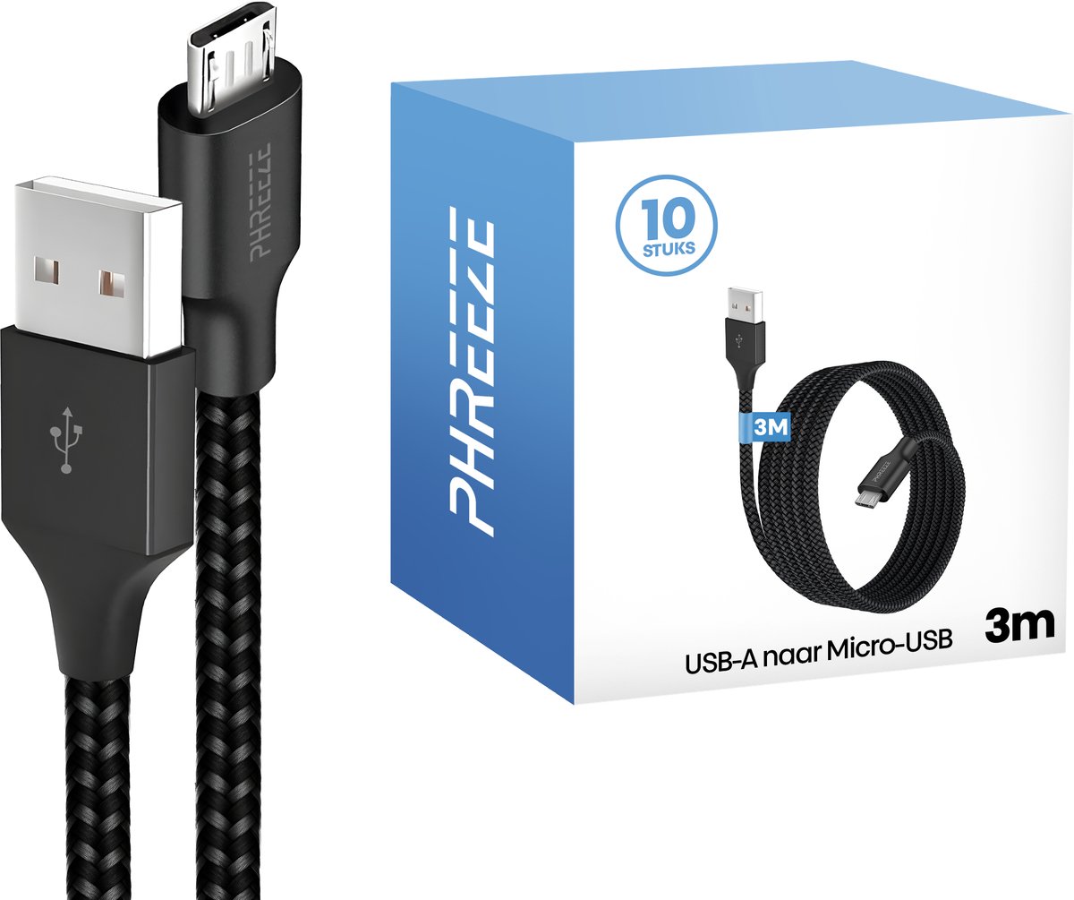 Grootverpakking micro usb kabels - 3m, nylon, stevig, zwart - Phreeze