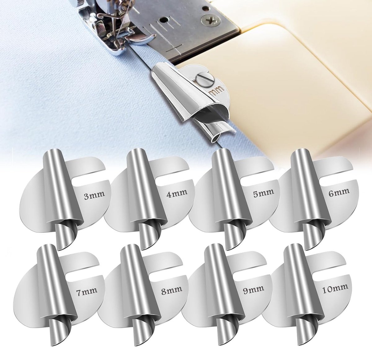 Set van 8 naaimachine-accessoires Rolzoompersvoet, naaiaccessoires met 8 maten (3 mm - 10 mm) Roestvrijstalen naairolzoompersvoet voor thuisgebruik Geschikt voor een breed scala aan naaiwerk, industriële en huishoudelijke toepassingen - Cyslmuk®