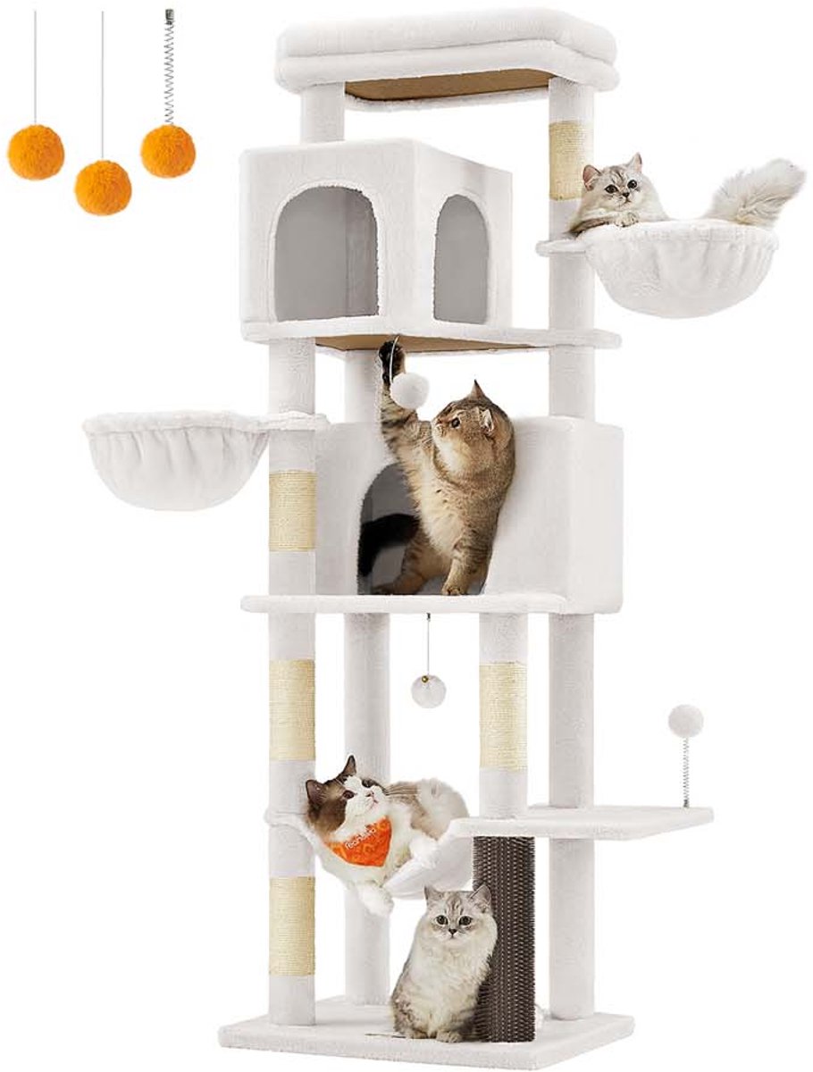 Krabpaal – 175 cm hoog – 2 holen en 2 ligbedden – Crèmewit