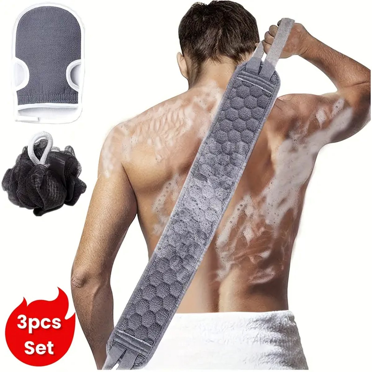 Daity Doucherugscrub - exfoliërende lichaamsscrubber - dubbelzijdige rugscrubhanddoek - badborstel met verbrede rugwasser met handvat - unisex (grijs) 3 stuks/set