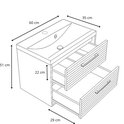 Technische tekening van een wastafelmeubel met afmetingen.