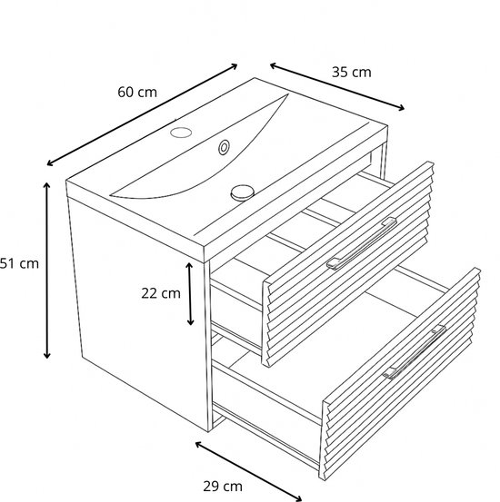 Technische tekening van een wastafelmeubel met afmetingen.