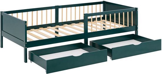 Groen kinderbed met lattenbodem en twee uitneembare lades.