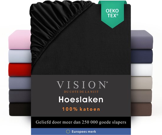 Zwart hoeslaken van 100% katoen, opgestapeld met gekleurde hoeslakens. Oeko Tex gecertificeerd.
