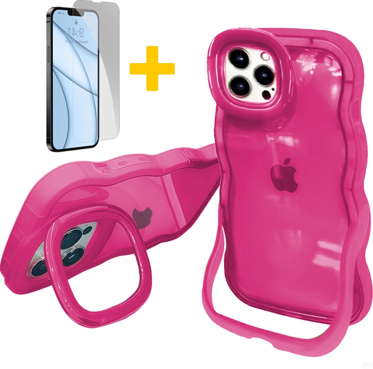 Hoesje voor iPhone 16 Pro Max, Dubbele Standaards Case, Wavy TPU Hose met Golfrand, Schattige Schokbestendige Hose voor Vrouwen-Transparant Design, Rood - Screenprotector