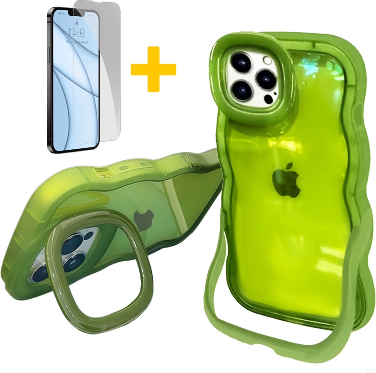 Hoesje voor iPhone 16 Pro Max, Dubbele Standaards Case, Wavy TPU Hose met Golfrand, Schattige Schokbestendige Hose voor Vrouwen-Transparant Design, Groen - Screenprotector