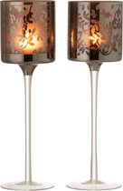 J-Line Theelichthouder Op Voet Blaadjes Glas Bruin/Zilver Large Assortiment Van 2/ Set van 4 stuks