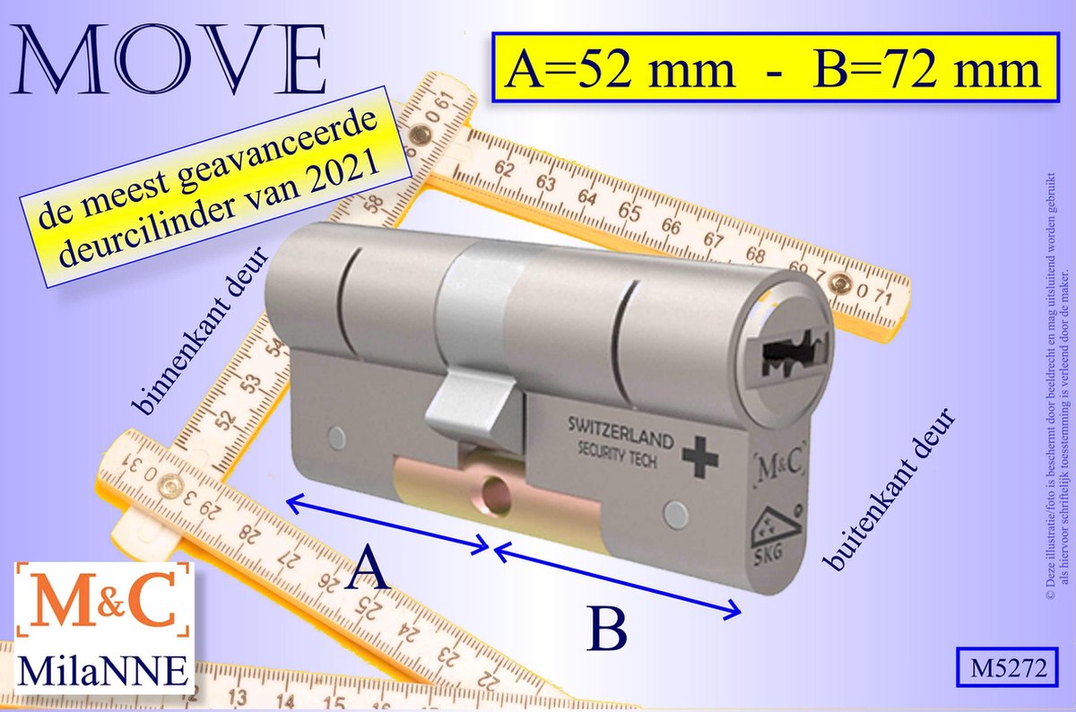 M&C MOVE - High-tech Security deurcilinder - SKG*** - 52x72 mm - Politiekeurmerk Veilig Wonen - inclusief gereedschap MilaNNE montageset