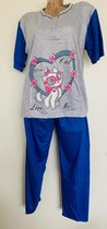 Dames pyjamaset korte mouw lange broek met kattenprint M grijs/blauw