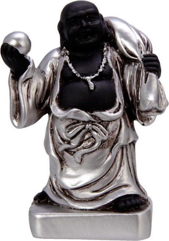 New Dutch Boeddha geluk en voorspoed - Gelukkig Leven - polystone - zwart/zilver - 8cm