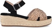 PS Poelman LONA Dames Faux PU Imitatie Suède Leren Sandalen met Espadrille Sleehak Zool en Luipaard Print - Zwart - Maat 36