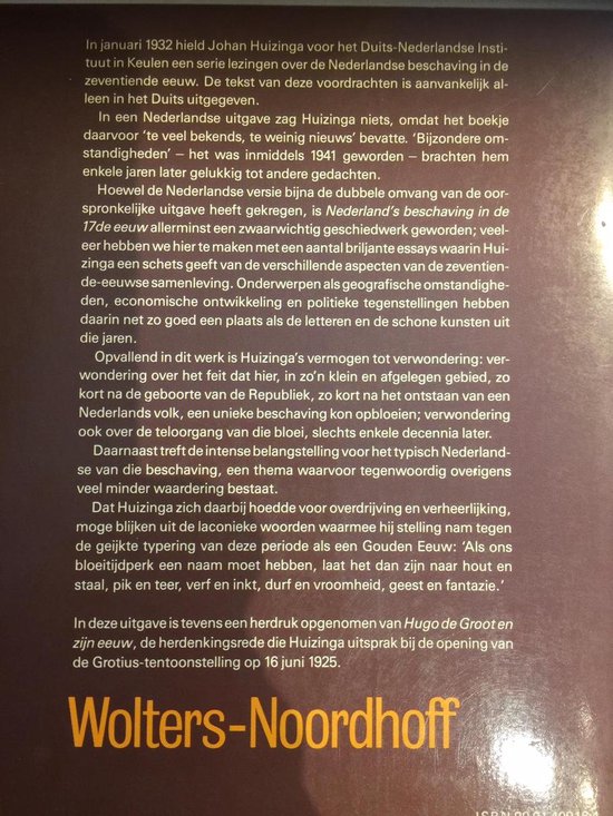 Boek met tekst over de Nederlandse beschaving in de 17e eeuw. Titel: Nederland's beschaving in de 17de eeuw.