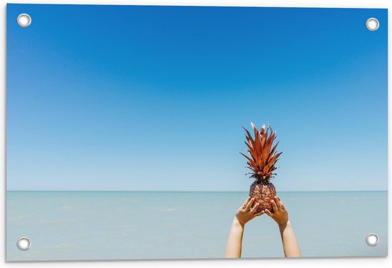 Tuinposter – Gouden Ananas bij Zee - 60x40cm Foto op Tuinposter  (wanddecoratie voor buiten en binnen)